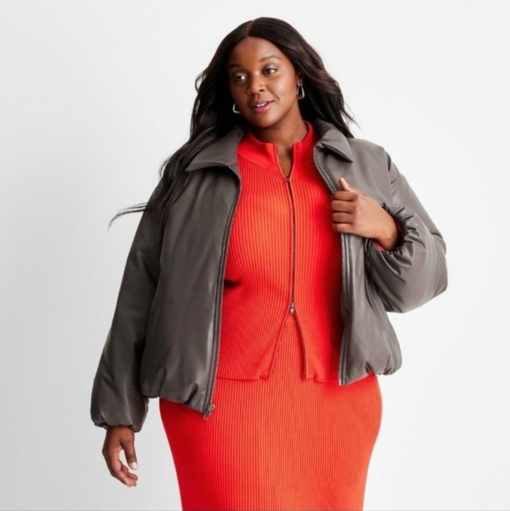 Future Collective Women's Faux Leather Puffer Jacket Dark Gray
